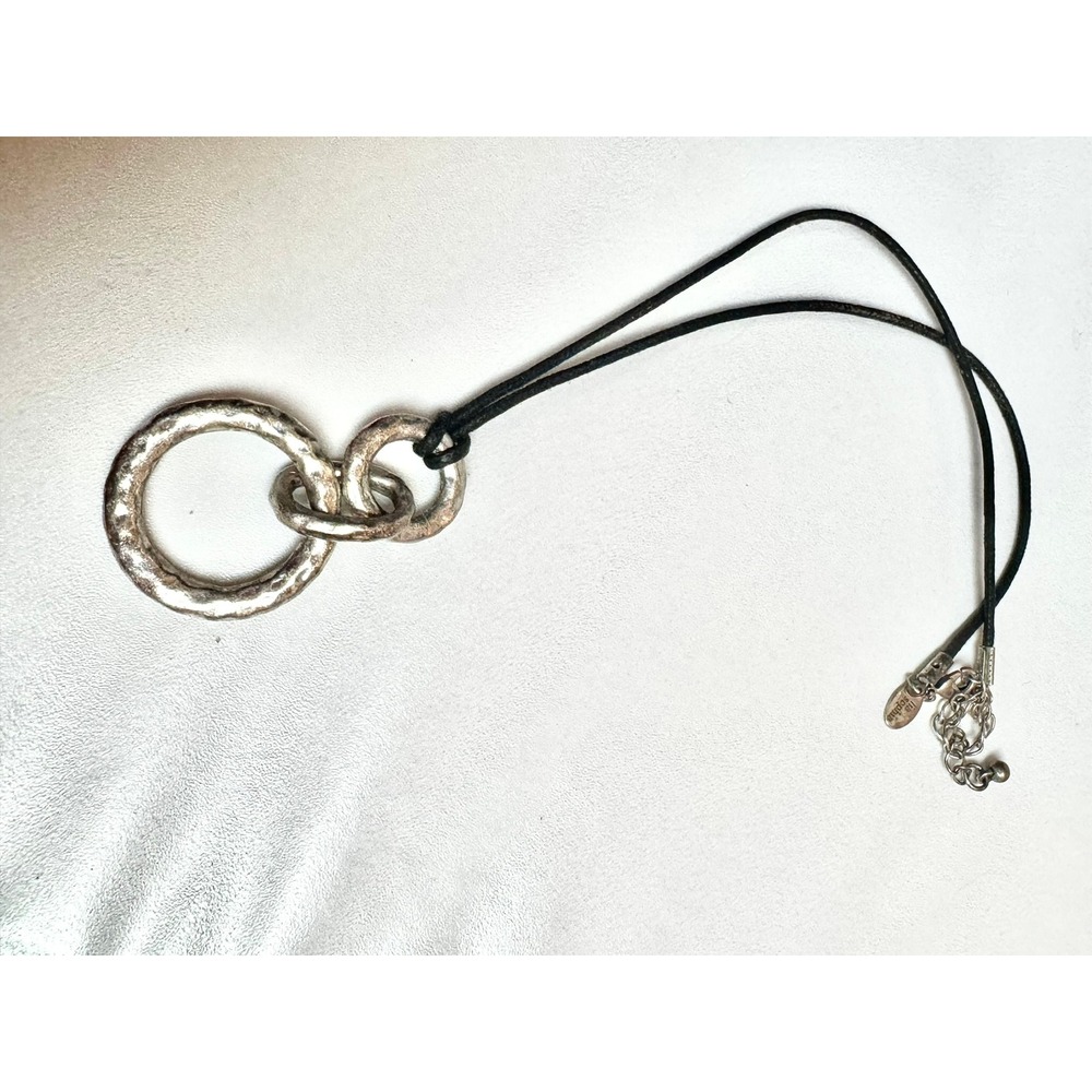 Lia Sophia Silver Tone Hammered Double Ring Pendant Necklace Black‎ Cord